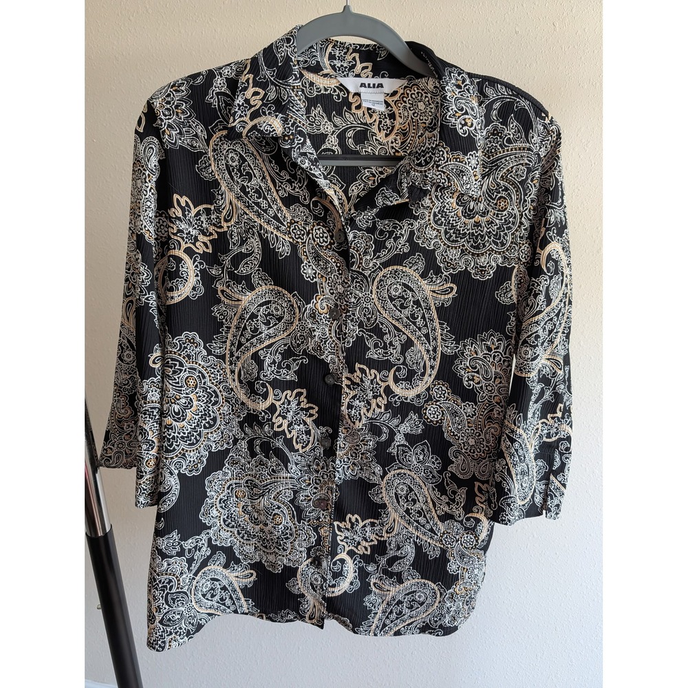 Alia Womens Black Paisley Button Up Blouse 3/4 Sleeve Crinkle Top Size 12